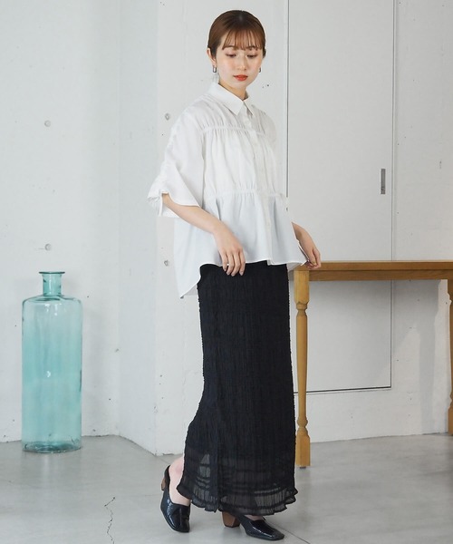 tiptop(ティップトップ)の「袖ドロストシャーリングシャツ(シャツ/ブラウス・レディース・ピンク系その他/オフホワイト/サックスブルー系・FREE)」の8枚目の写真