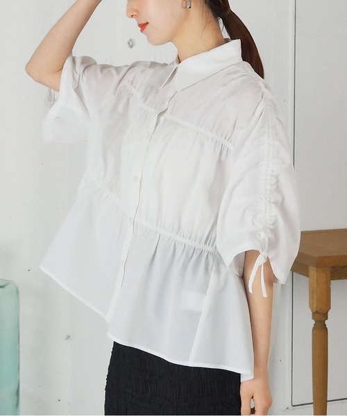 tiptop(ティップトップ)の「袖ドロストシャーリングシャツ(シャツ/ブラウス・レディース・ピンク系その他/オフホワイト/サックスブルー系・FREE)」の9枚目の写真
