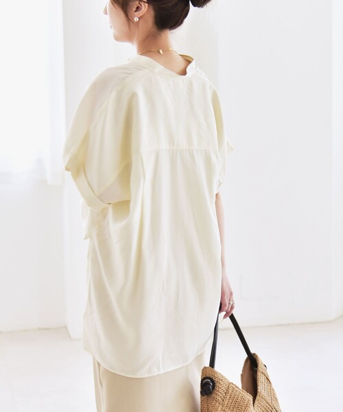 quaranciel（カランシエル）の「quaranciel:〈手洗い可能〉バンドカラー ハーフスリーブ ポケット ワーク シャツ（シャツ/ブラウス・レディース・ブラック/オリーブ/ナチュラル・ONE SIZE）」の7枚目の写真