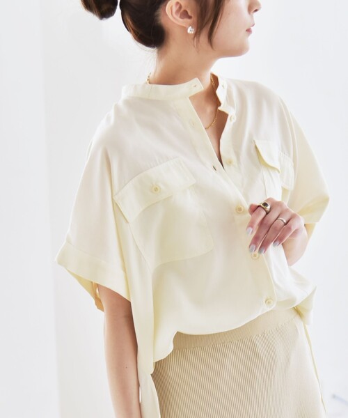 quaranciel（カランシエル）の「quaranciel:〈手洗い可能〉バンドカラー ハーフスリーブ ポケット ワーク シャツ（シャツ/ブラウス・レディース・ブラック/オリーブ/ナチュラル・ONE SIZE）」の9枚目の写真