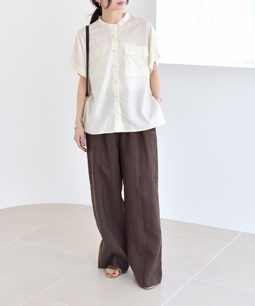 quaranciel（カランシエル）の「quaranciel:〈手洗い可能〉バンドカラー ハーフスリーブ ポケット ワーク シャツ（シャツ/ブラウス・レディース・ブラック/オリーブ/ナチュラル・ONE SIZE）」の12枚目の写真