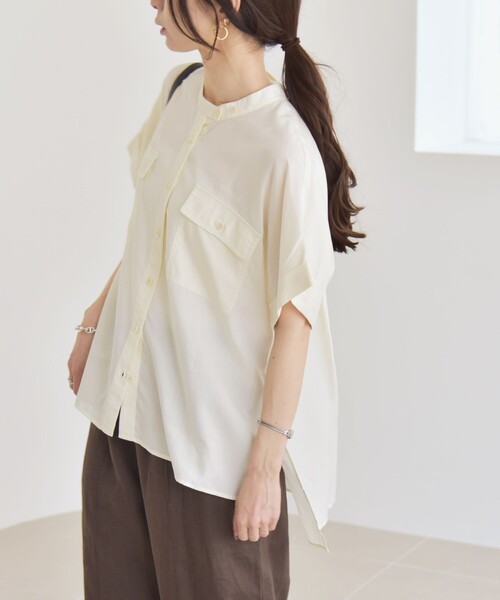 quaranciel（カランシエル）の「quaranciel:〈手洗い可能〉バンドカラー ハーフスリーブ ポケット ワーク シャツ（シャツ/ブラウス・レディース・ブラック/オリーブ/ナチュラル・ONE SIZE）」の15枚目の写真