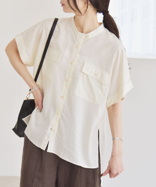 SHIPS for women / シップスウィメン quaranciel:〈手洗い可能〉バンドカラー ハーフスリーブ ポケット ワーク シャツ セール】quaranciel:〈手洗い可能〉バンドカラー ハーフスリーブ