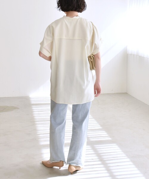 quaranciel:〈手洗い可能〉バンドカラー ハーフスリーブ ポケット ワーク シャツ セール】quaranciel:〈手洗い可能〉バンドカラー ハーフスリーブ