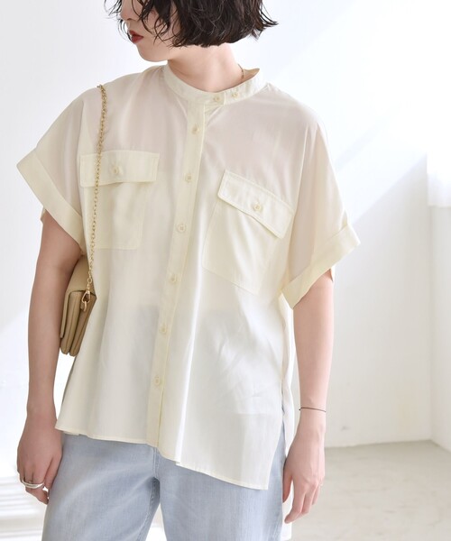quaranciel（カランシエル）の「quaranciel:〈手洗い可能〉バンドカラー ハーフスリーブ ポケット ワーク シャツ（シャツ/ブラウス・レディース・ブラック/オリーブ/ナチュラル・ONE SIZE）」の20枚目の写真