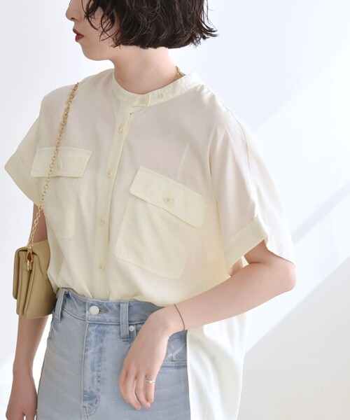 quaranciel（カランシエル）の「quaranciel:〈手洗い可能〉バンドカラー ハーフスリーブ ポケット ワーク シャツ（シャツ/ブラウス・レディース・ブラック/オリーブ/ナチュラル・ONE SIZE）」の21枚目の写真