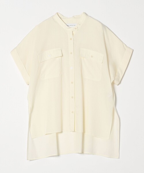 ブラウス シャツ quaranciel:「手洗い可能」バンドカラー ハーフスリーブ ポケット ワーク シャツ レディース quaranciel:〈手洗い可能〉バンドカラー ハーフスリーブ
