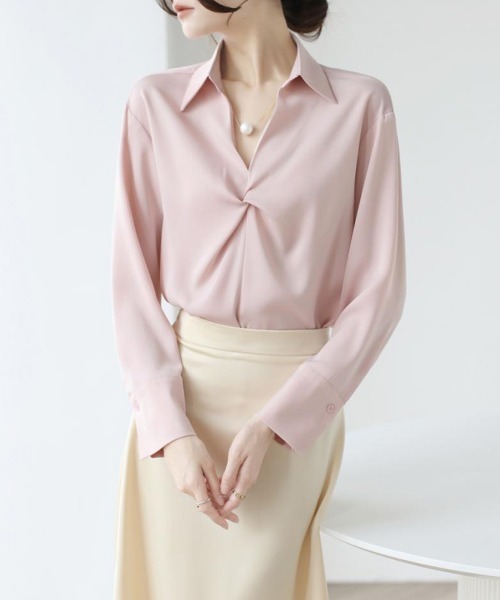 Miniministore（ミニミニストア）の「ツイストブラウス長袖ブラウスVネック上品（シャツ/ブラウス・レディース・ブラック/ライトピンク/ライトグリーン/ホワイト・L/M）」の4枚目の写真