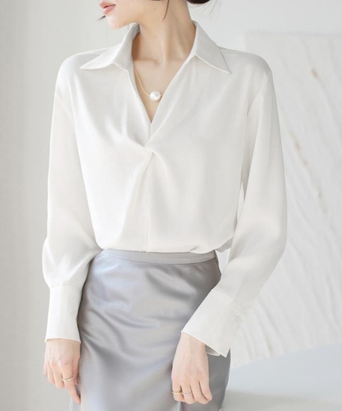 Miniministore（ミニミニストア）の「ツイストブラウス長袖ブラウスVネック上品（シャツ/ブラウス・レディース・ブラック/ライトピンク/ライトグリーン/ホワイト・L/M）」の2枚目の写真