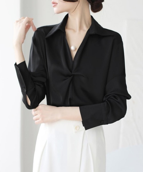 Miniministore（ミニミニストア）の「ツイストブラウス長袖ブラウスVネック上品（シャツ/ブラウス・レディース・ブラック/ライトピンク/ライトグリーン/ホワイト・L/M）」の10枚目の写真
