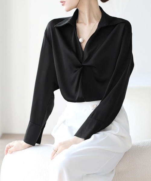 Miniministore（ミニミニストア）の「ツイストブラウス長袖ブラウスVネック上品（シャツ/ブラウス・レディース・ブラック/ライトピンク/ライトグリーン/ホワイト・L/M）」の12枚目の写真
