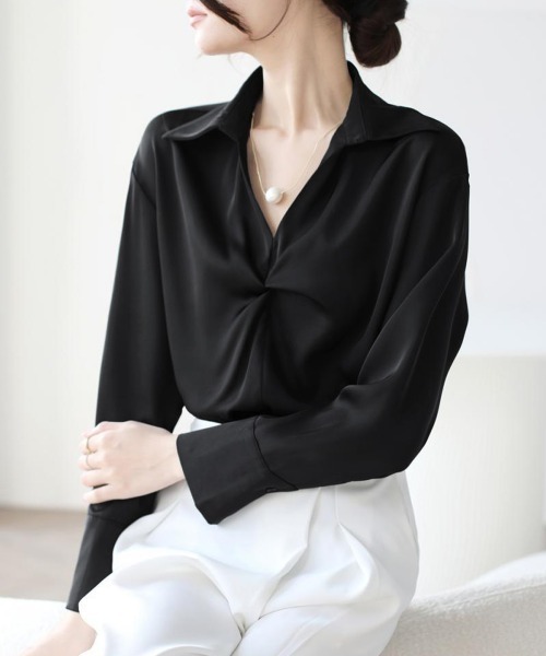 Miniministore（ミニミニストア）の「ツイストブラウス長袖ブラウスVネック上品（シャツ/ブラウス・レディース・ブラック/ライトピンク/ライトグリーン/ホワイト・L/M）」の13枚目の写真