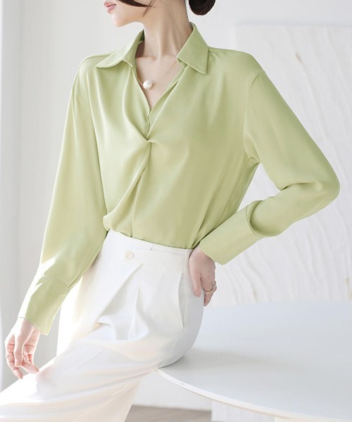 Miniministore（ミニミニストア）の「ツイストブラウス長袖ブラウスVネック上品（シャツ/ブラウス・レディース・ブラック/ライトピンク/ライトグリーン/ホワイト・L/M）」の14枚目の写真