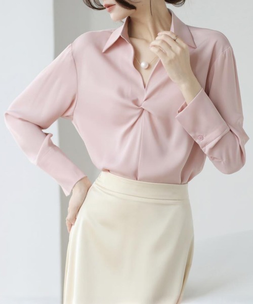 Miniministore（ミニミニストア）の「ツイストブラウス長袖ブラウスVネック上品（シャツ/ブラウス・レディース・ブラック/ライトピンク/ライトグリーン/ホワイト・L/M）」の19枚目の写真