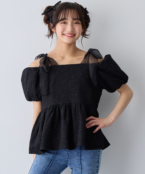 Amourire girl（アムリールガール）の「袖2WAY肩リボンエンボスブラウス（シャツ/ブラウス・キッズ・オフホワイト/ブラック・130cm/140cm/150cm/160cm）」の15枚目の写真