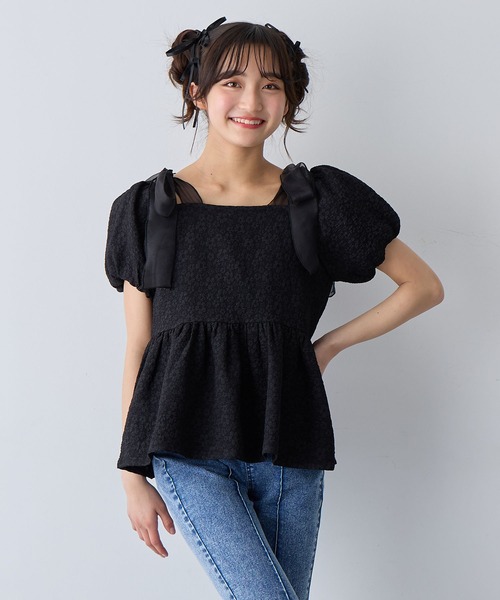 Amourire girl（アムリールガール）の「袖2WAY肩リボンエンボスブラウス（シャツ/ブラウス・キッズ・オフホワイト/ブラック・130cm/140cm/150cm/160cm）」の16枚目の写真