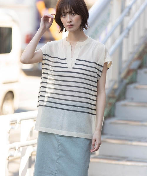 Munich（ミューニック）の「【抗菌性】【吸湿性】【通気性】シアーニットキーネックプルオーバー（ニット/セーター・レディース・ベージュ/アイボリー系・FREE）」の2枚目の写真