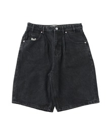 ブラックデニム　ハーフパンツ　膝下　ワイドデニム　黒　グランジ　古着 デニムパンツ（ブラック/黒色系・ハーフ・ひざ丈）ファッション