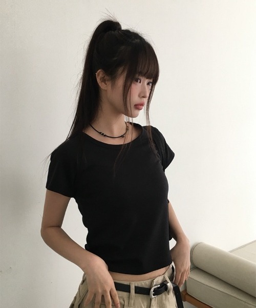 anyonemore(エニワンモア)の「ベーシッククロップドラグラン半袖Tシャツ(Tシャツ/カットソー・レディース・アイボリー/ブラック/ピンク/グレー・FREE)」の14枚目の写真