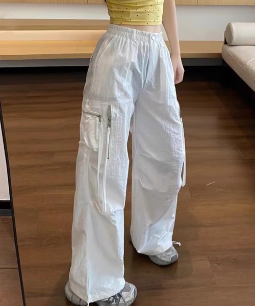 ファスナー ストラップ付き タック ワイド パラシュート パンツ