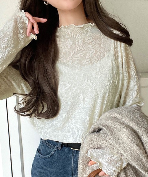 在庫SALE 花柄　レース　ぷち　オールシーズン　クールネック セール】透け感で魅せる、秋の上品レイヤード。プチハイネック花柄