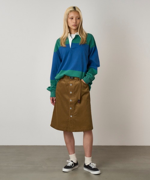 Gramicci（グラミチ）の「BUTTONED DOWN MIDI SKIRT｜ボタンダウンミディアムスカート（スカート・レディース・オリーブ/ダークブラウン系/キャメル/アイボリー・L/S/M）」の4枚目の写真