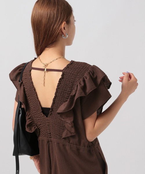 BAYFLOW（ベイフロー）の「[さらっとした楊柳素材]Vネックフリルサロペット（サロペット/オーバーオール・レディース・ブラック/ダークブラウン・FREE）」の9枚目の写真