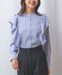 【NARACAMICIE】ストレッチストライプショルダーフリル長袖ブラウス