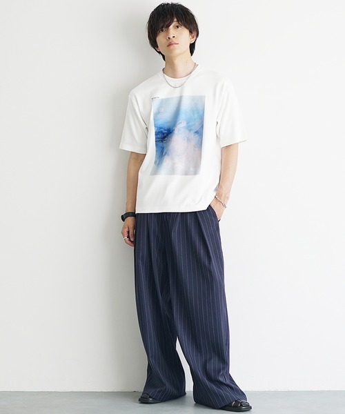 MinoriTY(マイノリティ)の「【MinoriTY】ソフトタッチ×厚手仕立て 水彩抽象画プリントTシャツ メンズ 夏服(Tシャツ/カットソー・メンズ・スミクロ/オフホワイト・S/L/M)」の5枚目の写真