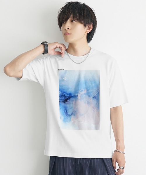 MinoriTY(マイノリティ)の「【MinoriTY】ソフトタッチ×厚手仕立て 水彩抽象画プリントTシャツ メンズ 夏服(Tシャツ/カットソー・メンズ・スミクロ/オフホワイト・S/L/M)」の3枚目の写真