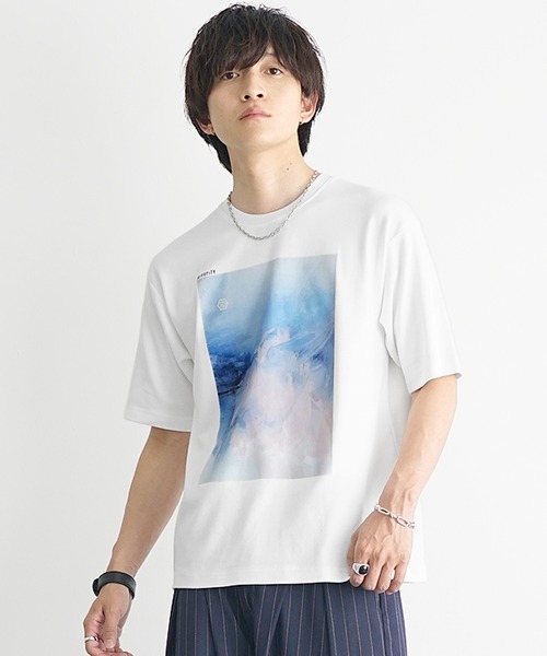 MinoriTY(マイノリティ)の「【MinoriTY】ソフトタッチ×厚手仕立て 水彩抽象画プリントTシャツ メンズ 夏服(Tシャツ/カットソー・メンズ・スミクロ/オフホワイト・S/L/M)」の4枚目の写真