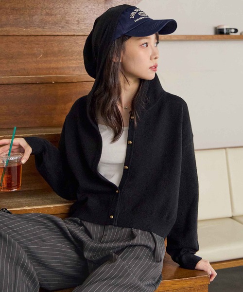 CHAN ME(チャンミ)の「ニットフードカーディガン(カーディガン/ボレロ・レディース・グレー/オートミール/ブラック・MEDIUM/X-LARGE/LARGE)」の2枚目の写真
