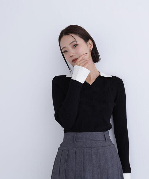 セール】◇ダブルカラーVネックリブニット（ニット/セーター