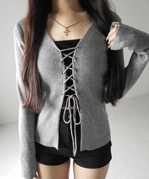 me+em select(~[ZNg)́y Rcolor z[XAbv{ujbgJ[fBK ^ lace up ribbon rib knit cardigan(J[fBK/{)