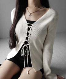 me+em select(~[ZNg)́y Rcolor z[XAbv{ujbgJ[fBK ^ lace up ribbon rib knit cardigan(J[fBK/{)