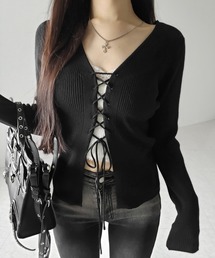 【 ３color 】レースアップリボンリブニットカーディガン ／ lace up ribbon rib knit cardigan