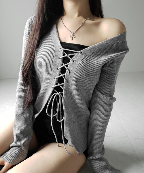 me+em select(ミームセレクト)の「【 3color 】レースアップリボンリブニットカーディガン / lace up ribbon rib knit cardigan(カーディガン/ボレロ・レディース・ブラック/アイボリー/グレー・FREE)」の9枚目の写真