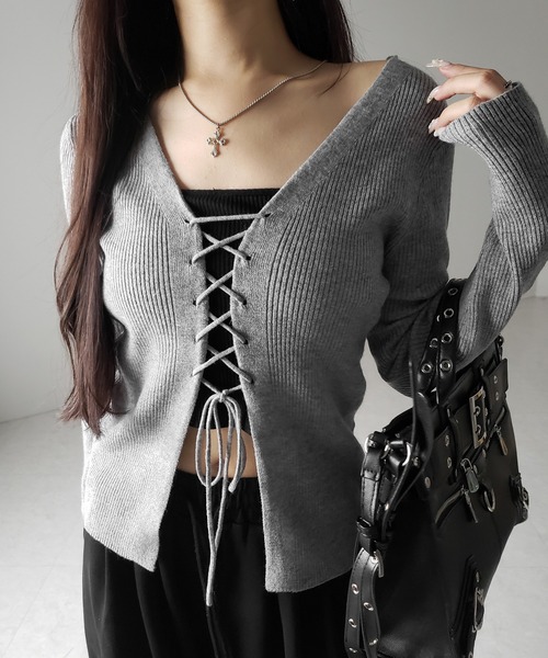 me+em select(ミームセレクト)の「【 3color 】レースアップリボンリブニットカーディガン / lace up ribbon rib knit cardigan(カーディガン/ボレロ・レディース・ブラック/アイボリー/グレー・FREE)」の13枚目の写真
