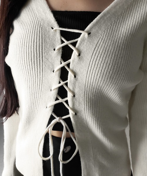 me+em select(ミームセレクト)の「【 3color 】レースアップリボンリブニットカーディガン / lace up ribbon rib knit cardigan(カーディガン/ボレロ・レディース・ブラック/アイボリー/グレー・FREE)」の14枚目の写真