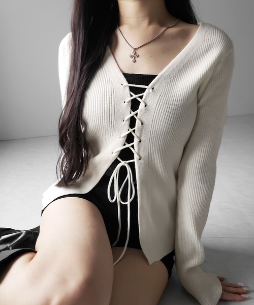 me+em select(ミームセレクト)の「【 3color 】レースアップリボンリブニットカーディガン / lace up ribbon rib knit cardigan(カーディガン/ボレロ・レディース・ブラック/アイボリー/グレー・FREE)」の20枚目の写真