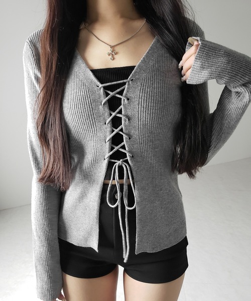 me+em select(ミームセレクト)の「【 3color 】レースアップリボンリブニットカーディガン / lace up ribbon rib knit cardigan(カーディガン/ボレロ・レディース・ブラック/アイボリー/グレー・FREE)」の10枚目の写真