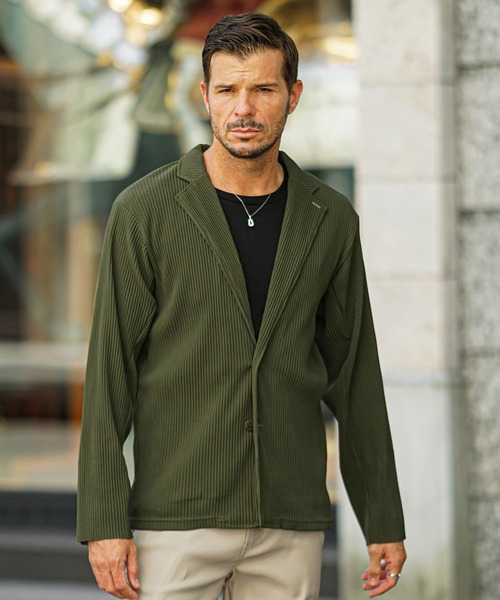 セール】プリーツテーラードジャケット メンズ 黒 ブラック カーキ