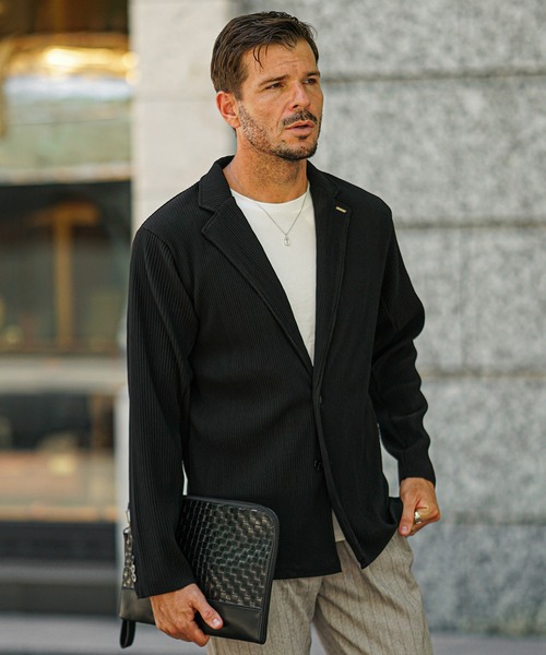 セール】プリーツテーラードジャケット メンズ 黒 ブラック カーキ