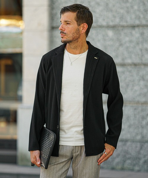 セール】プリーツテーラードジャケット メンズ 黒 ブラック カーキ