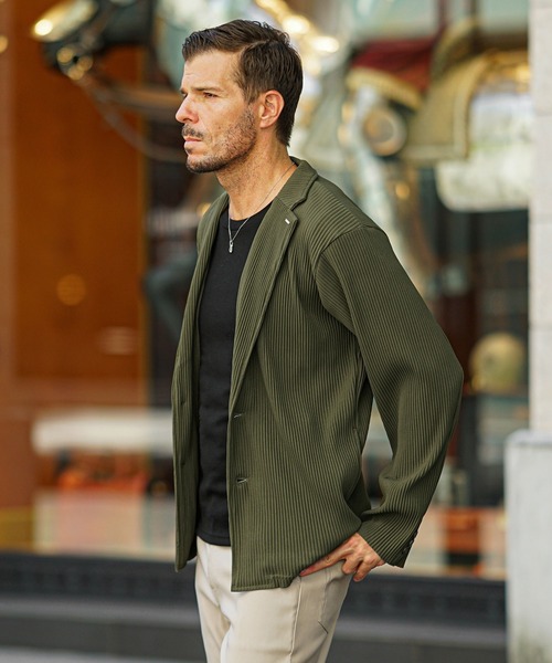 セール】プリーツテーラードジャケット メンズ 黒 ブラック カーキ