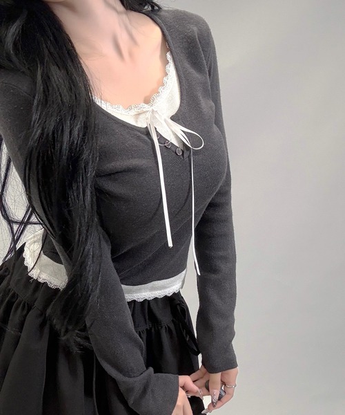 FOLLOWIN(フォロウィン)の「レースリボン付きレイヤード風ニットトップス(ニット/セーター・レディース・グレー/チャコールグレー・FREE)」の11枚目の写真