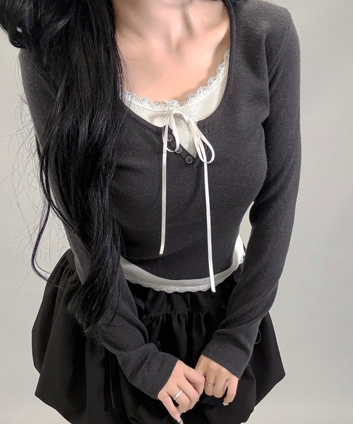 FOLLOWIN(フォロウィン)の「レースリボン付きレイヤード風ニットトップス(ニット/セーター・レディース・グレー/チャコールグレー・FREE)」の13枚目の写真