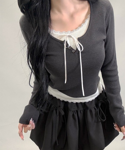 FOLLOWIN(フォロウィン)の「レースリボン付きレイヤード風ニットトップス(ニット/セーター・レディース・グレー/チャコールグレー・FREE)」の15枚目の写真