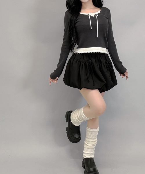 FOLLOWIN(フォロウィン)の「レースリボン付きレイヤード風ニットトップス(ニット/セーター・レディース・グレー/チャコールグレー・FREE)」の6枚目の写真