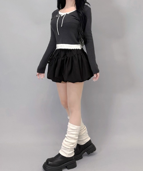 FOLLOWIN(フォロウィン)の「レースリボン付きレイヤード風ニットトップス(ニット/セーター・レディース・グレー/チャコールグレー・FREE)」の8枚目の写真